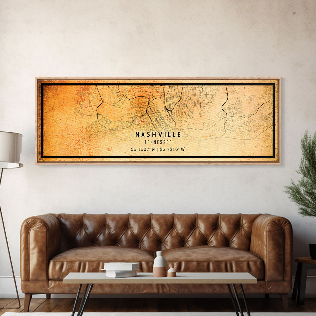 Panoramic Nashville Map Print, Framed Canvas Wall Art, Tennessee Street Map Art, Davidson City Street Road Map Wall Decor Panoramic Art