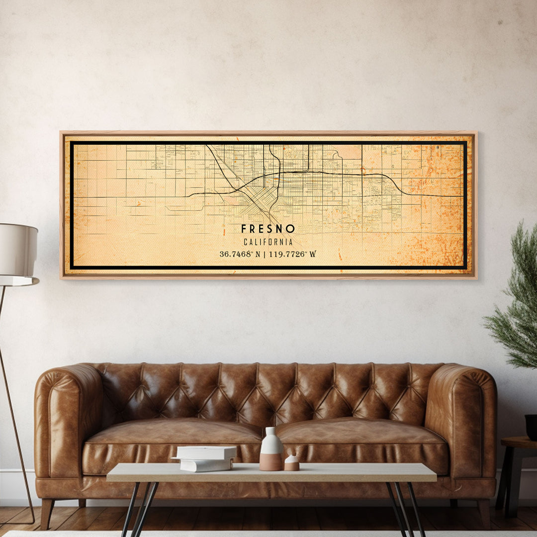 Panoramic Distressed Fresno California Map, Framed Canvas Print Or Poster, California Map Print, City Wall Art Map Print, Rustic Map Art