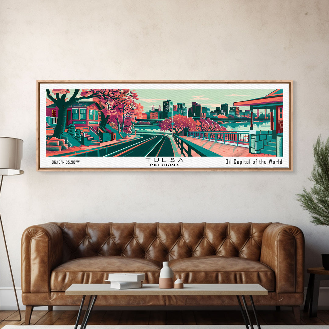 Tulsa Oklahoma Panoramic Painting Framed Canvas Print, Travel Poster, Mid Century Modern Art, Pop Art Style, Wall Decor, Living Room Art