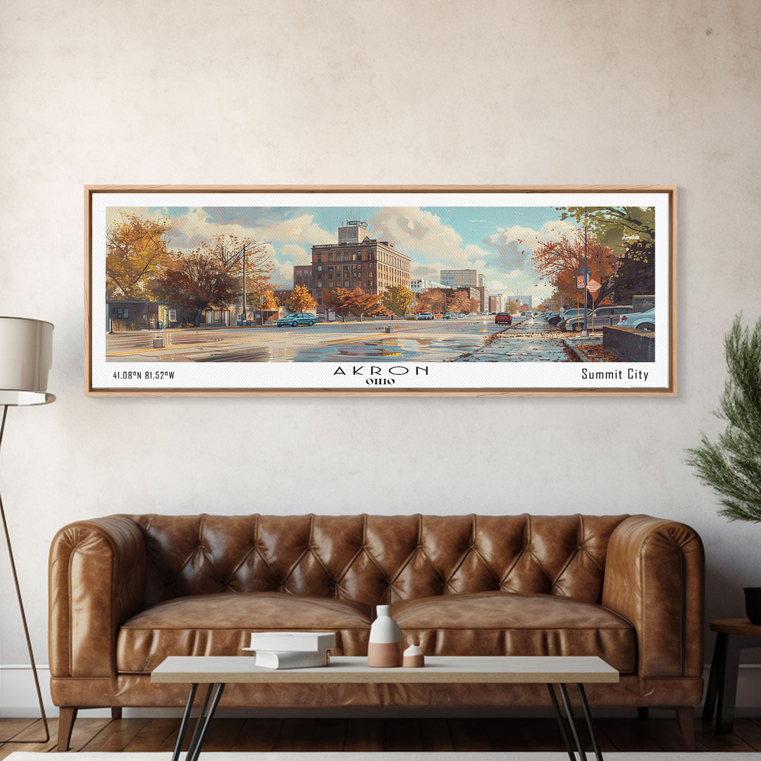 Akron Ohio Panoramic Watercolor Painting, Framed Canvas Print, Scenic City Art, Travel Poster, Wall Decor, Living Room Art, Office Wall Art