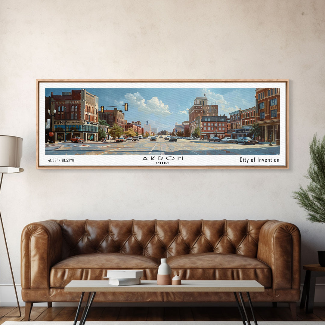 Akron Ohio Panoramic Painting, Watercolor Framed Canvas Print, Scenic Cityscape, Travel Poster, Home Decor, Wall Hanging, Living Room Art