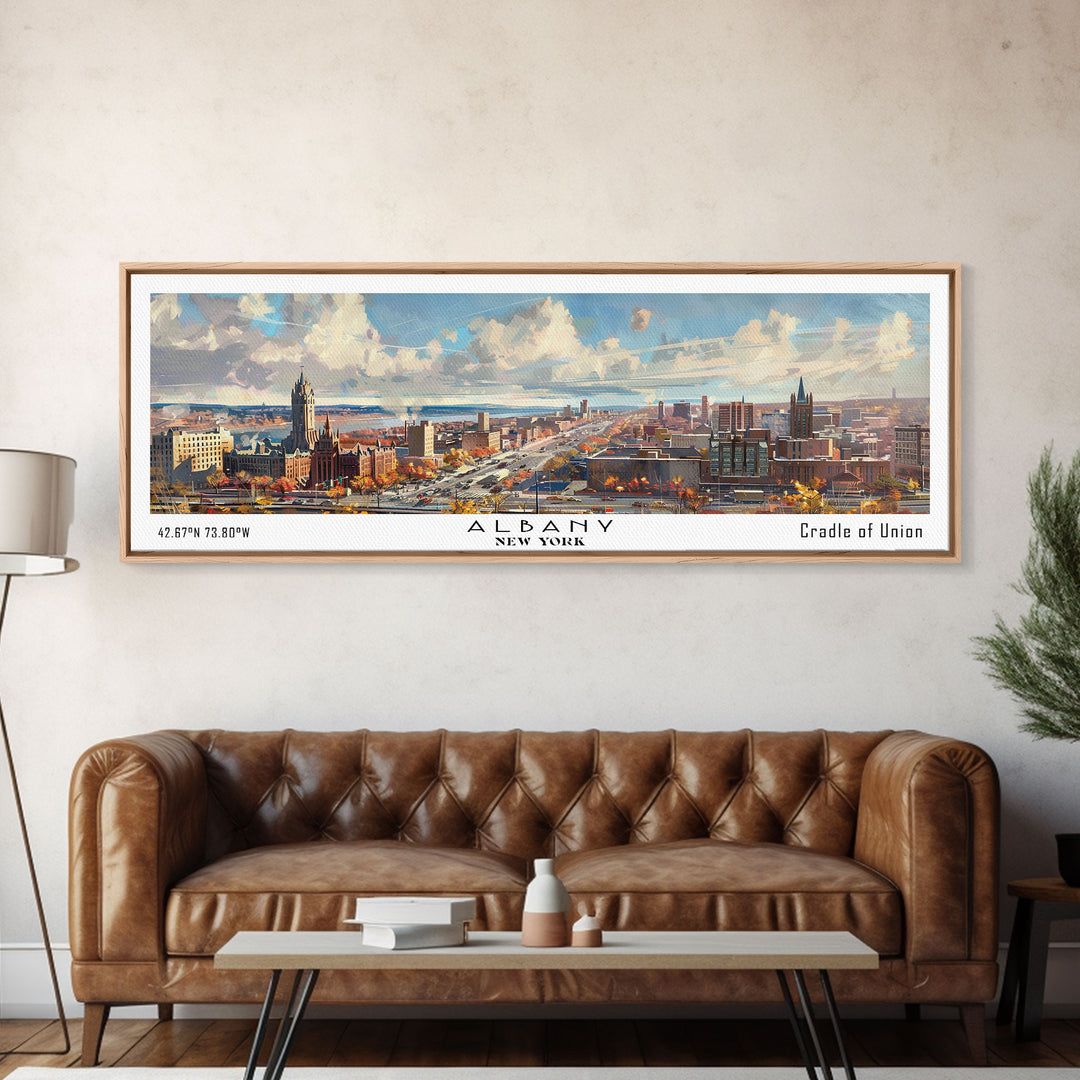 Albany New York Panoramic Painting, Watercolor Framed Canvas Print, Scenic City Art, Travel Poster, Home Decor, Wall Art, Gift Idea