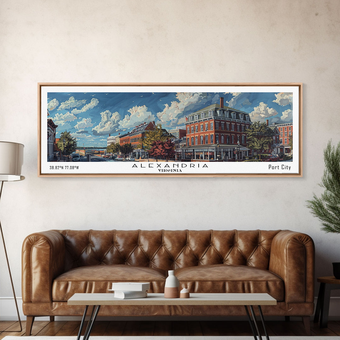 Alexandria Virginia Panoramic Painting, Watercolor Framed Canvas Print, Scenic City Art, Travel Poster, Wall Hanging, Home Decor, Living Room Art