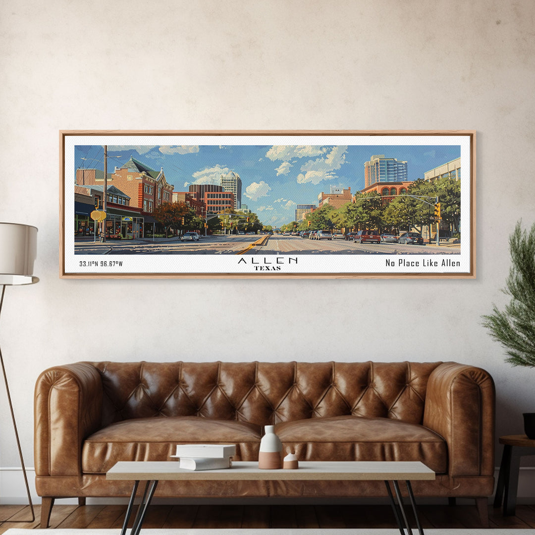 Allen Texas Panoramic Painting, Watercolor Framed Canvas Print, Scenic City Art, Travel Poster, Home Decor, Wall Hanging, Office Wall Art