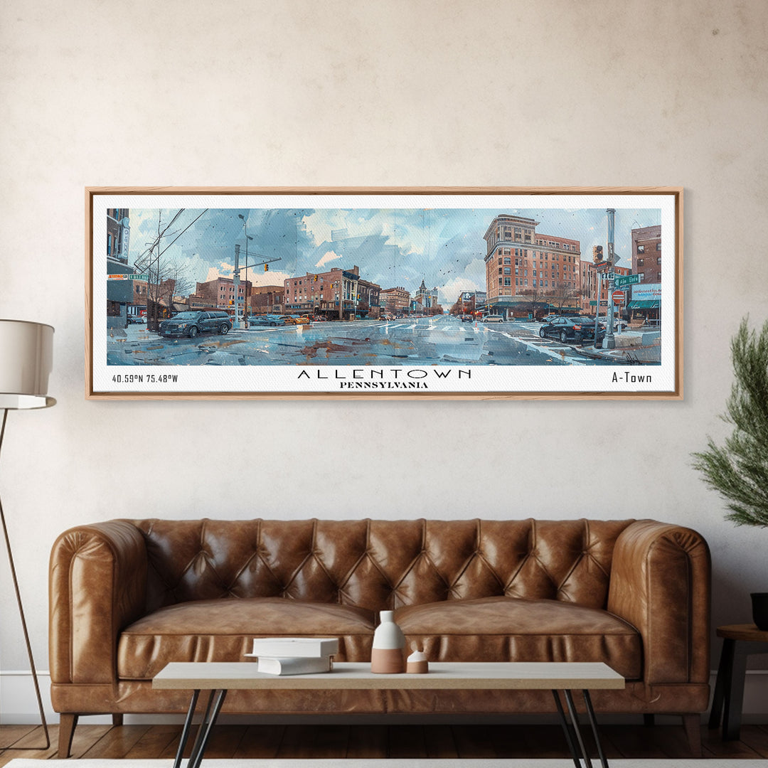 Allentown Pennsylvania Panoramic Painting, Watercolor Framed Canvas Print, Scenic City Art, Travel Poster, Home Decor, Office Wall Art, Gift Idea