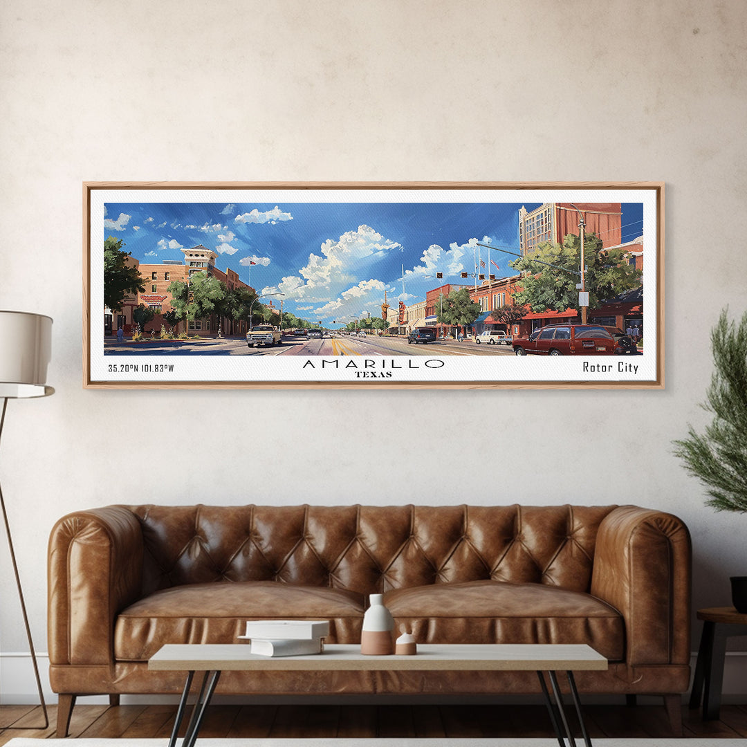 Amarillo Texas Panoramic Watercolor Painting, Framed Canvas Print, Scenic City Art, Travel Poster, Home Decor, Wall Art, Gift Idea