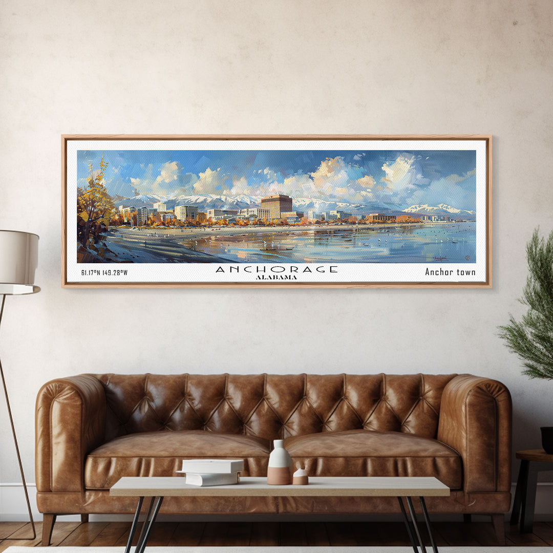 Anchorage Alaska Panoramic Painting, Watercolor Framed Canvas Print, Scenic City Art, Travel Poster, Wall Decor, Living Room Art, Office Wall Art