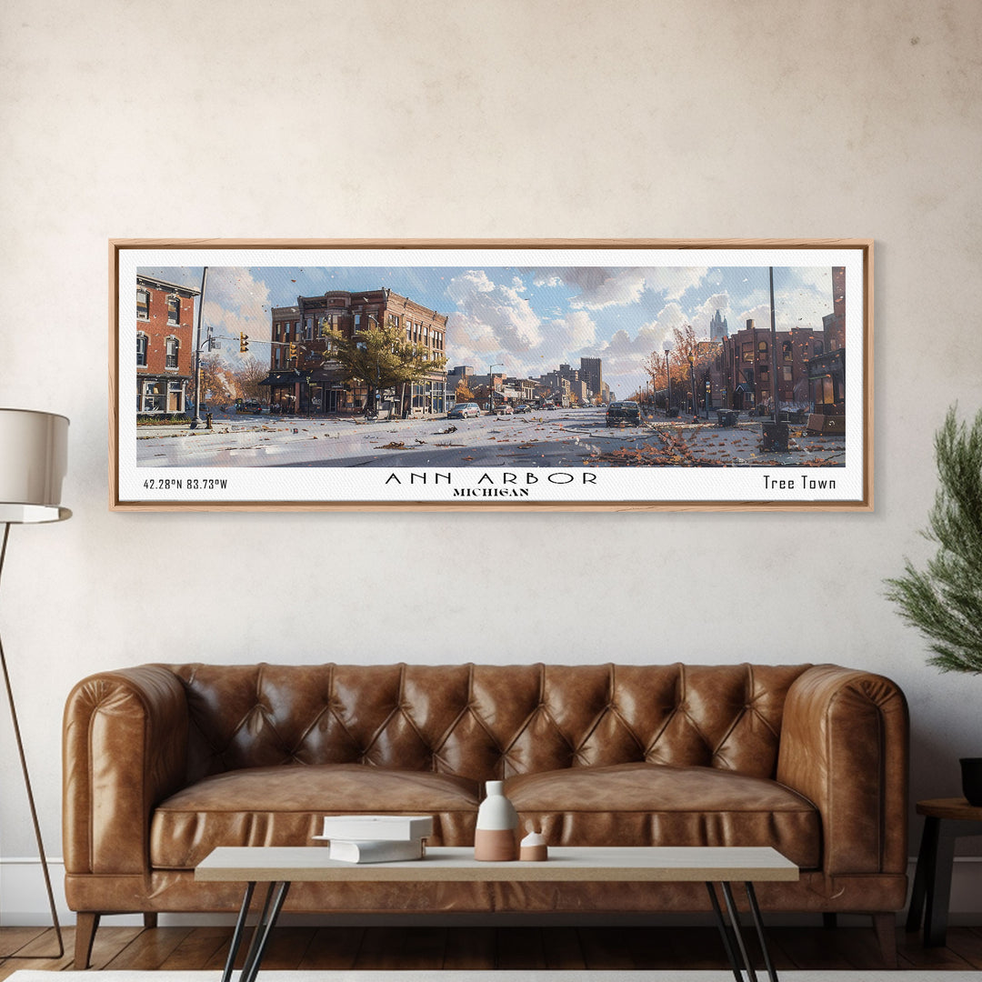 Ann Arbor Michigan Panoramic Watercolor Painting, Framed Canvas Print, Scenic City Art, Travel Poster, Home Decor, Wall Hanging, Gift Idea