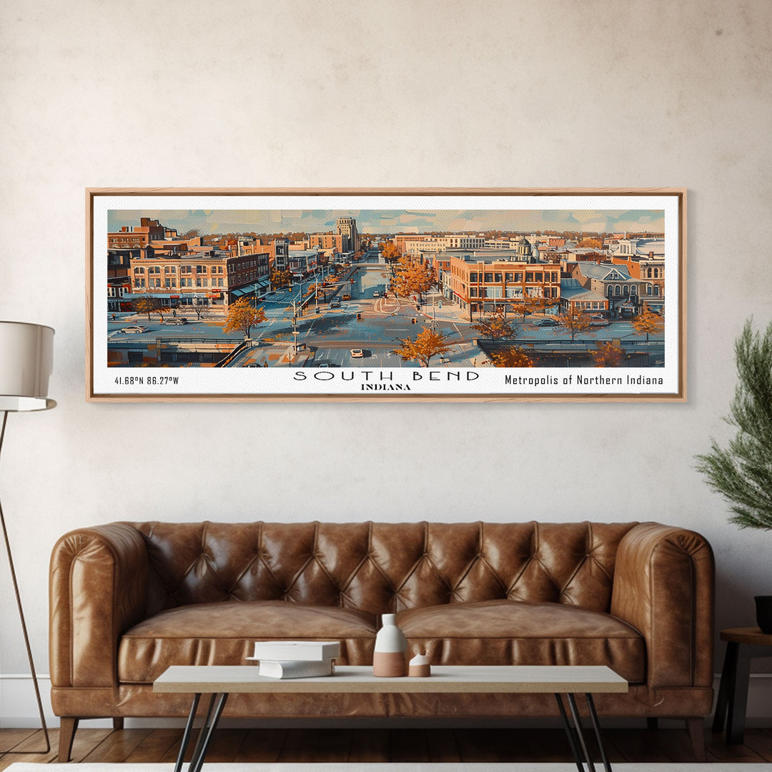 South Bend Indiana Travel Poster, Framed Canvas Print, Wall Art, Home Decor, Travel Gift, Living Room Art, Retro Style Art, Office Decor