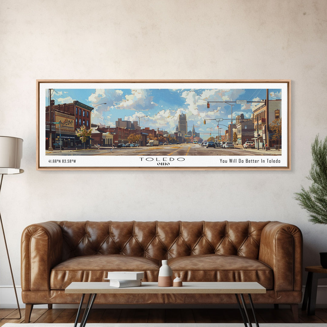 Toledo Ohio Panoramic Framed Canvas Print, Retro Style Wall Art, Living Room Decor, Unique Travel Poster, Artistic Office Gift, Original Artwork