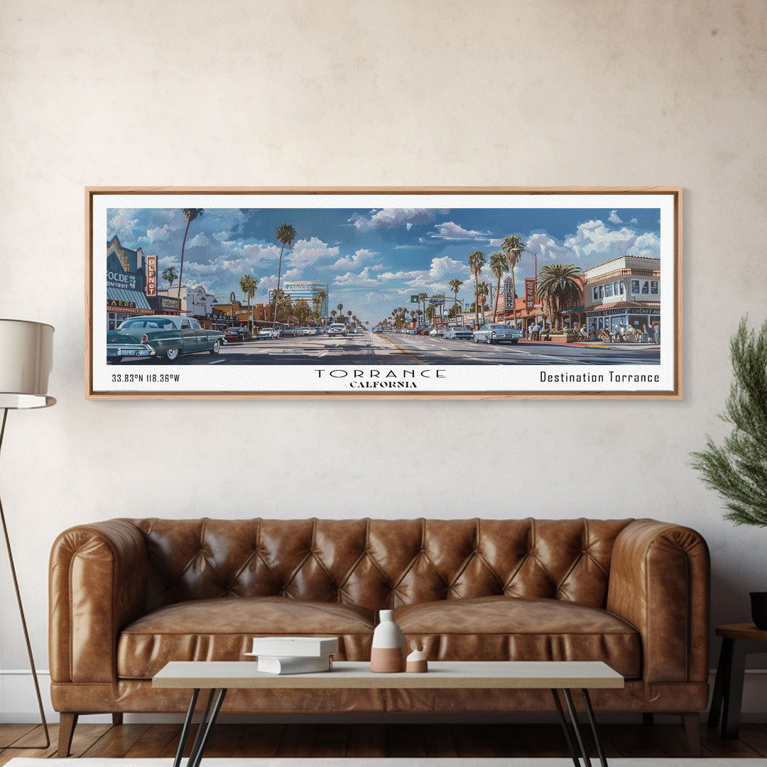 Torrance California Panoramic Framed Canvas Print, Artistic Travel Poster, Retro Wall Art, Unique Living Room Decor, Office Gift, Original Artwork