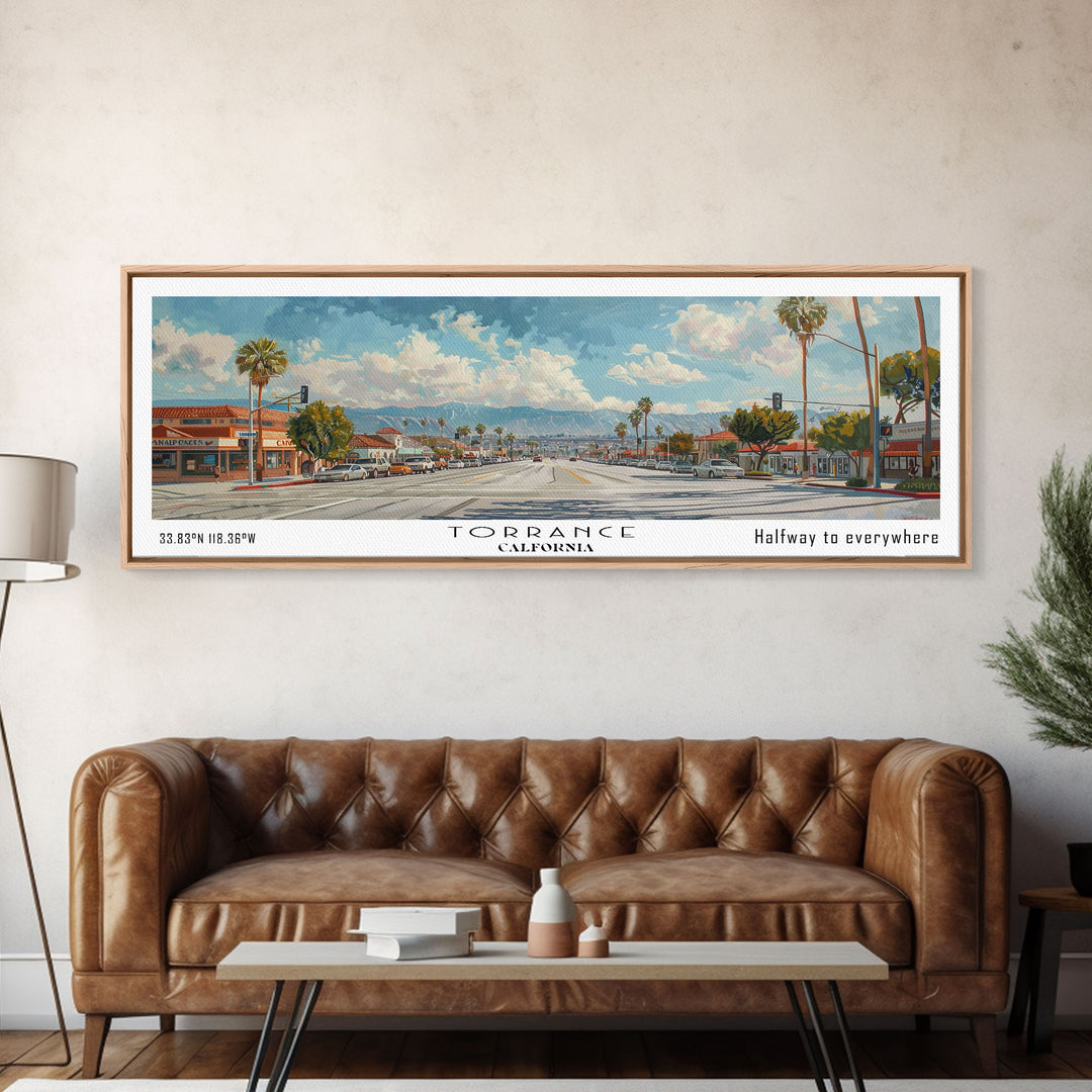 Torrance California Panoramic Art, Framed Canvas Print, Vintage Style Travel Poster, Unique Home Decor, Office Wall Art, Artistic Gift