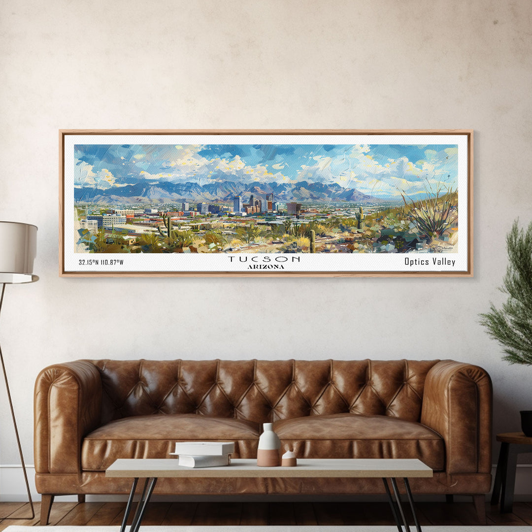 Tucson Arizona Panoramic Painting, Framed Canvas Print, Retro Travel Poster, Artistic Wall Art, Unique Living Room Decor, Office Gift Idea