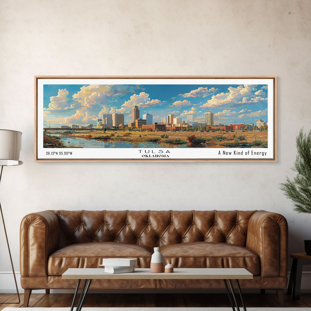 Tulsa Oklahoma Panoramic Framed Canvas Print, Retro Wall Art, Travel Poster, Artistic Living Room Decor, Unique Office Gift, Original Artwork