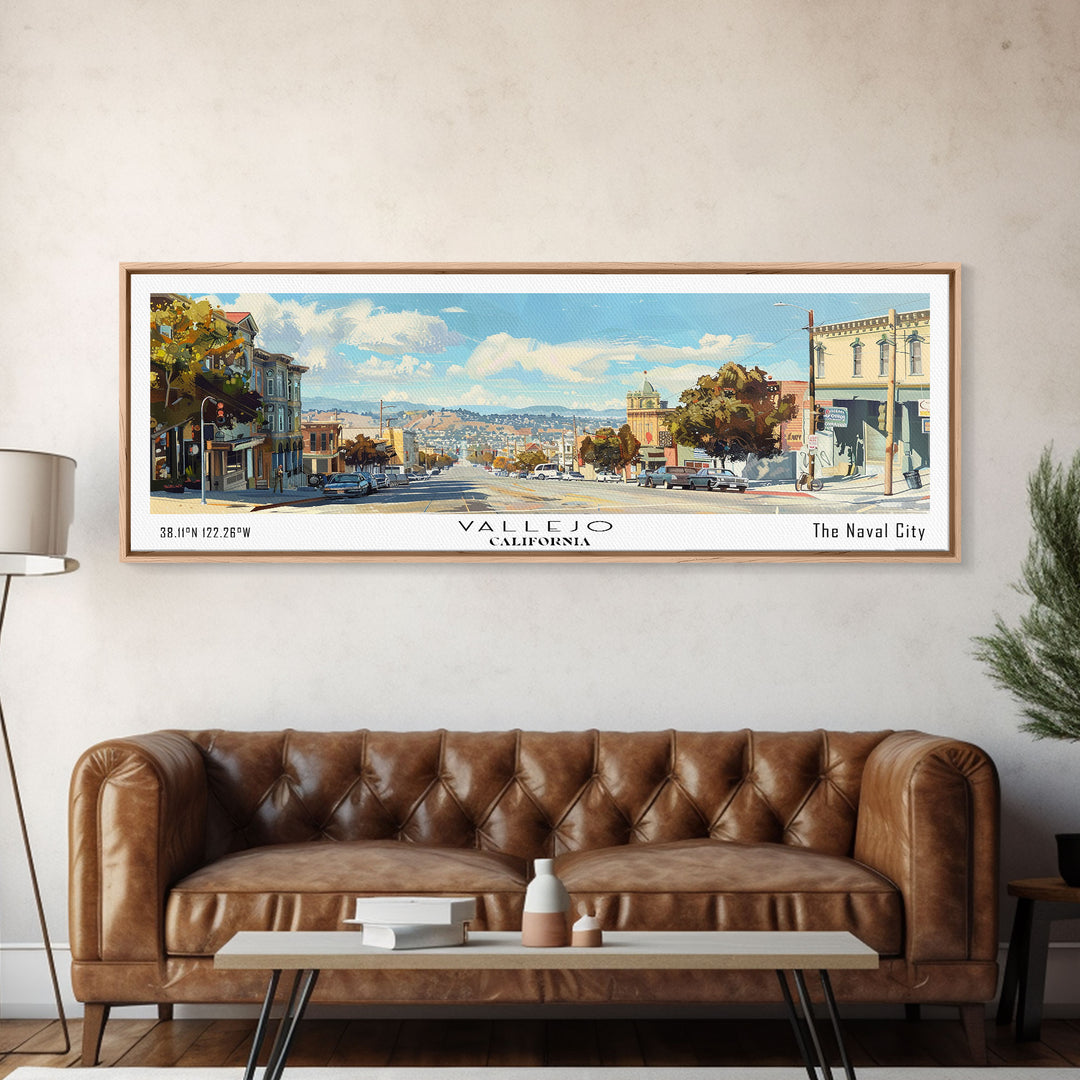 Vallejo California Panoramic Framed Canvas Print, Retro Travel Poster, Unique Wall Art, Artistic Living Room Decor, Office Gift, Home Decoration