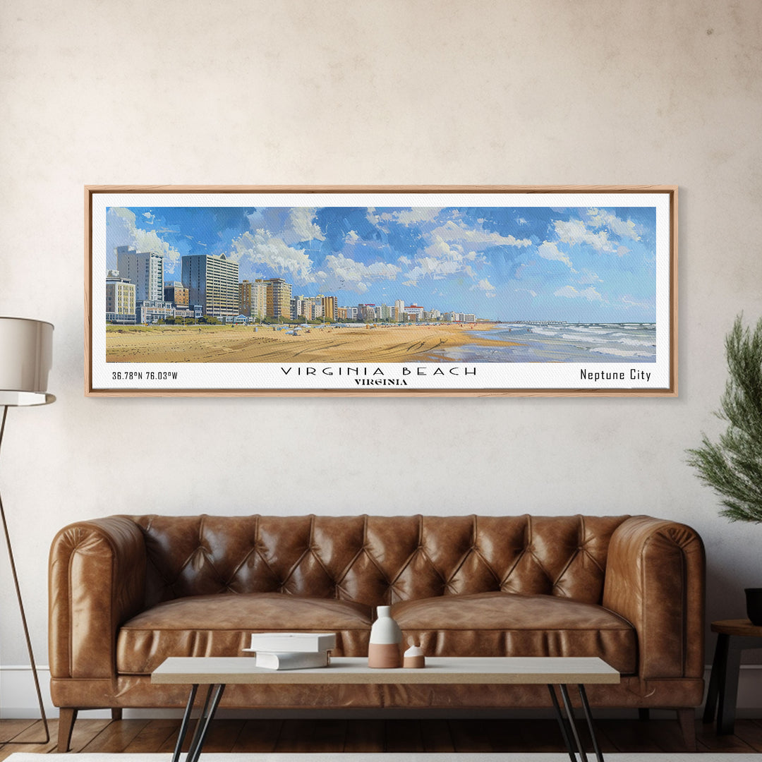 Virginia Beach Virginia Panoramic Framed Canvas Print, Vintage Travel Poster, Unique Wall Art, Artistic Living Room Decor, Office Gift, Home Decoration