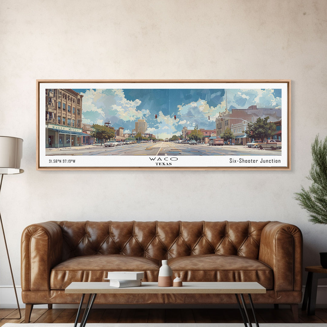 Waco Texas Panoramic Wall Art, Framed Canvas Print, Vintage Style Travel Poster, Artistic Home Decor, Unique Office Piece, Gift Idea