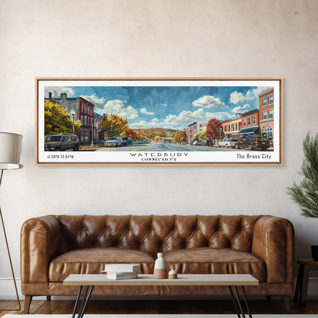 Waterbury Connecticut Panoramic Painting, Framed Canvas Print, Artistic Travel Poster, Retro Wall Art, Unique Office Decor, Living Room Gift