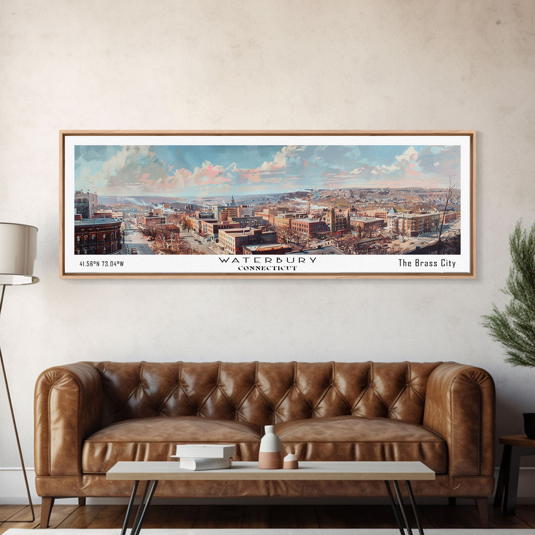 Waterbury Connecticut Panoramic Framed Canvas Print, Vintage Travel Poster, Artistic Wall Art, Unique Home Decor, Office Gift Idea