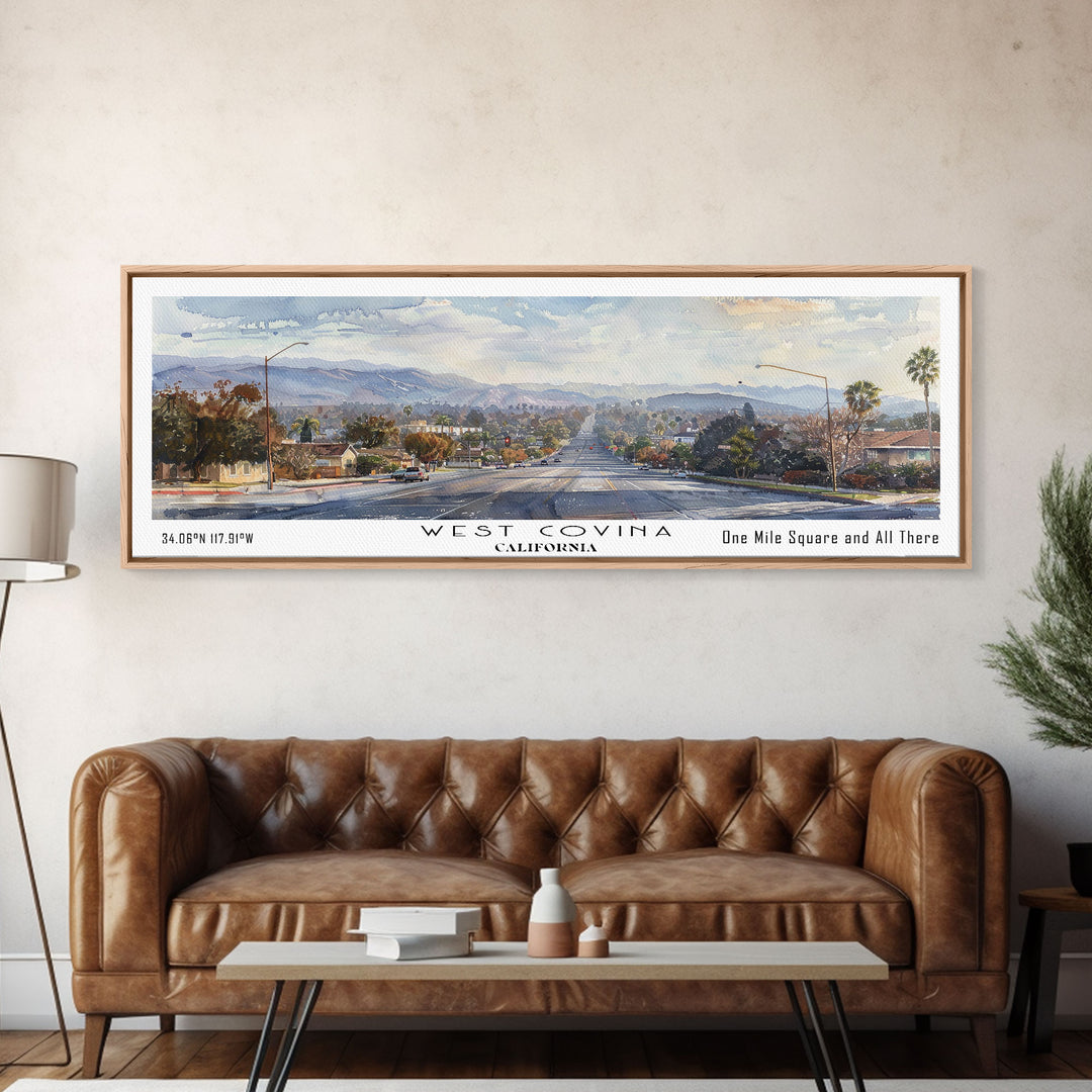 West Covina California Panoramic Painting, Framed Canvas Print, Vintage Travel Poster, Artistic Home Decor, Unique Office Wall Art