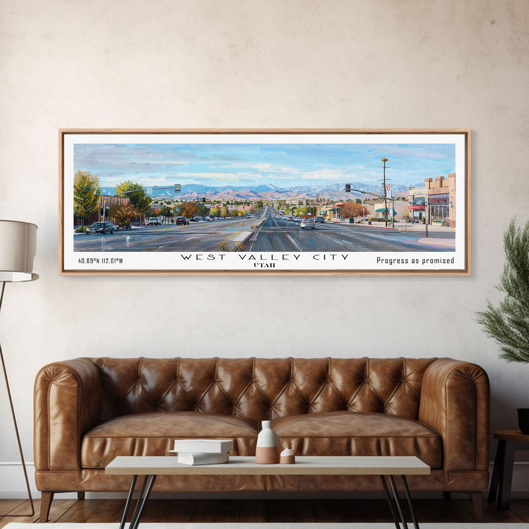 West Valley City Utah Panoramic Painting, Framed Canvas Print, Retro Style Travel Poster, Artistic Wall Art, Unique Office Decor, Living Room Gift