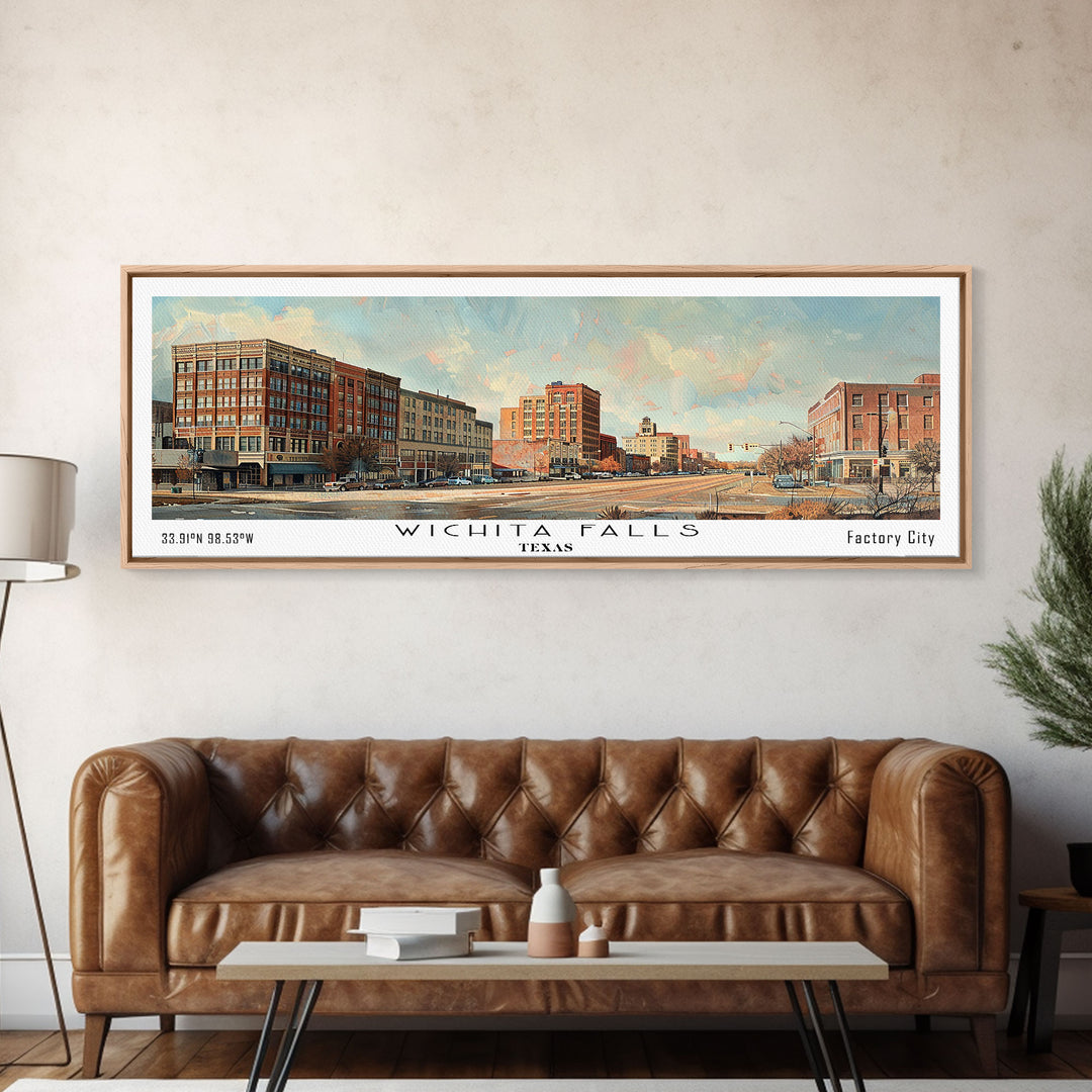 Wichita Falls Texas Panoramic Framed Canvas Print, Vintage Travel Poster, Unique Wall Art, Artistic Living Room Decor, Office Gift Idea