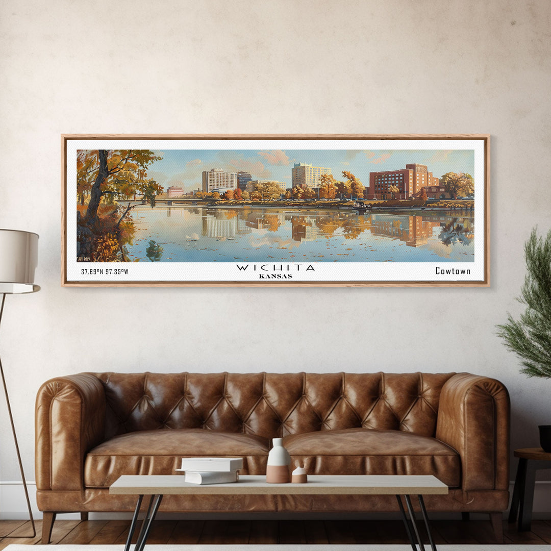 Wichita Kansas Panoramic Painting, Framed Canvas Print, Vintage Travel Poster, Artistic Home Decor, Unique Office Wall Art