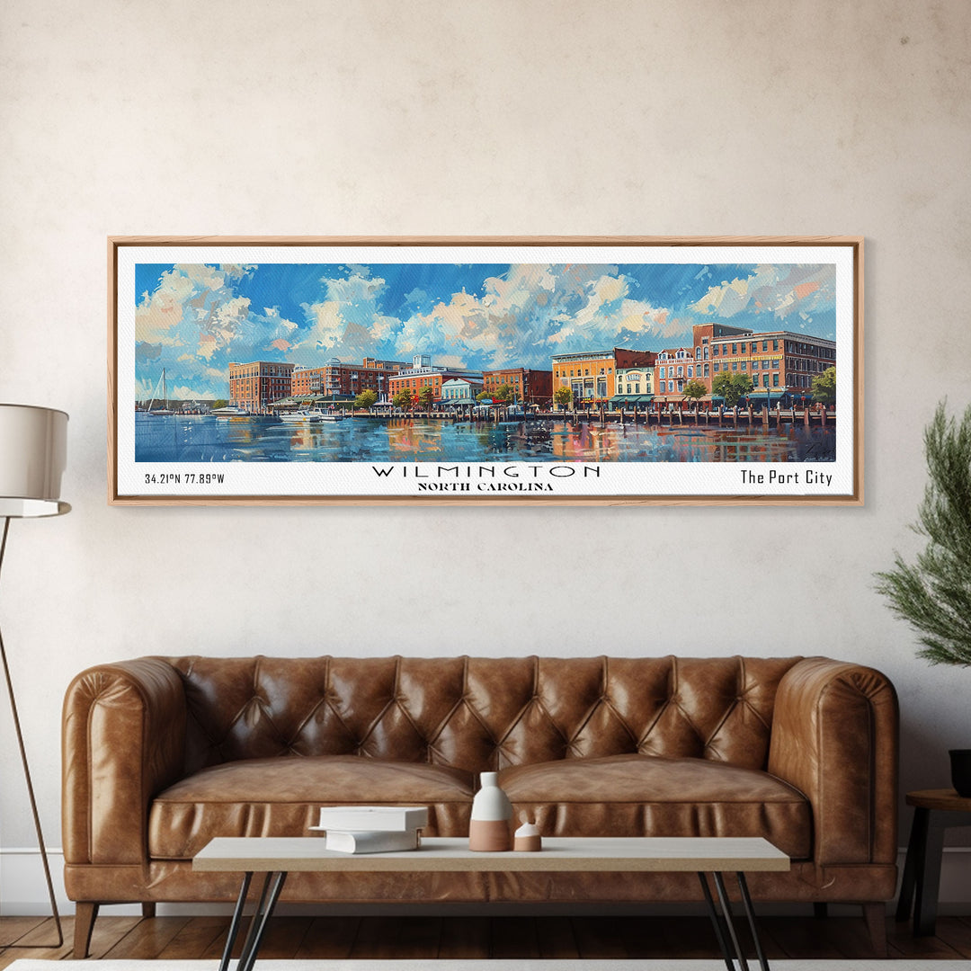 Wilmington North Carolina Panoramic Framed Canvas Print, Retro Style Travel Poster, Artistic Wall Art, Unique Office Decor, Living Room Gift