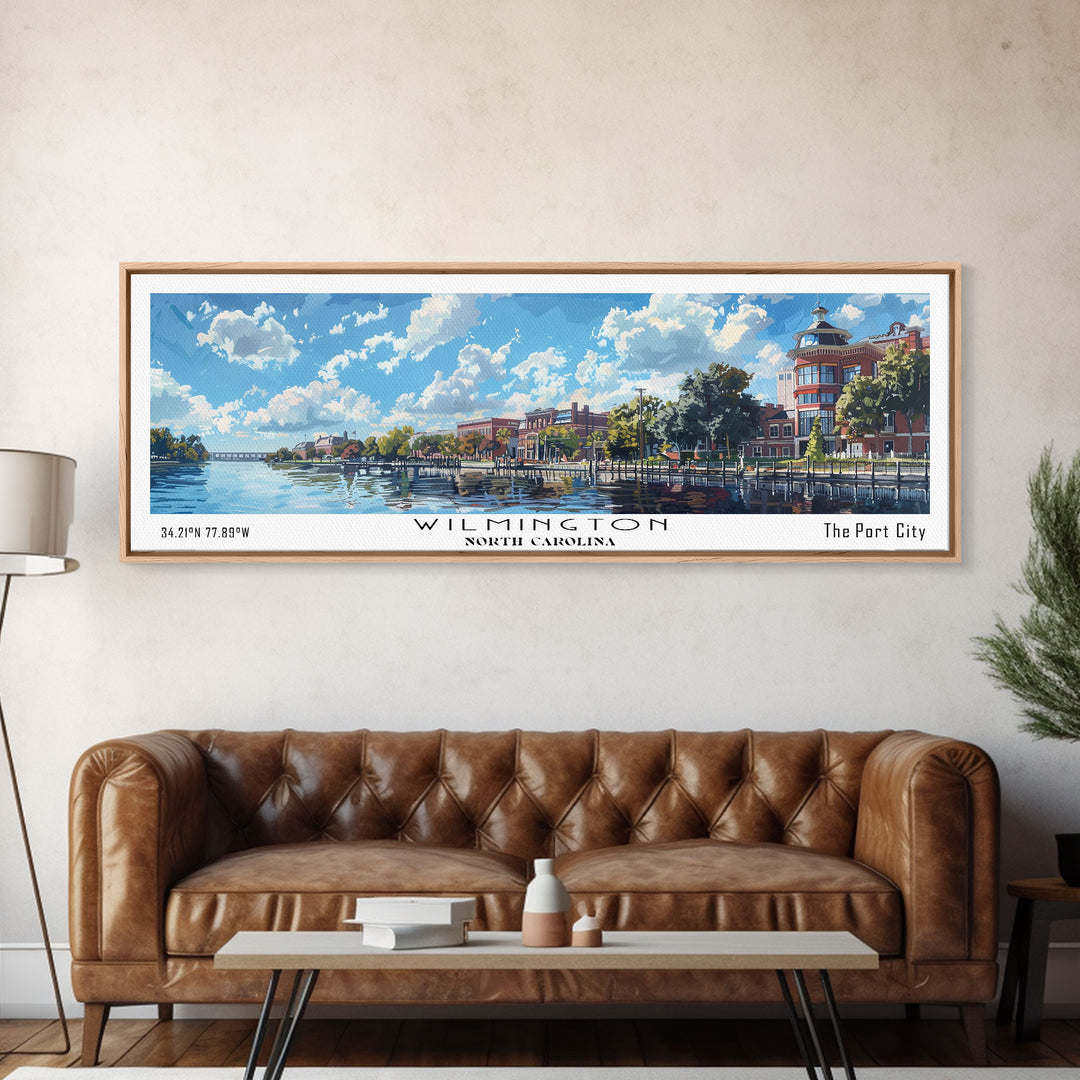 Wilmington North Carolina Panoramic Painting, Framed Canvas Print, Vintage Travel Poster, Artistic Wall Art, Unique Home Decor, Office Gift Idea