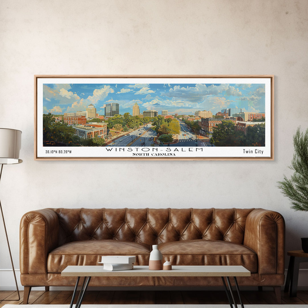 Winston-Salem North Carolina Panoramic Framed Canvas Print, Retro Travel Poster, Artistic Wall Art, Unique Living Room Decor, Office Gift, Original Artwork