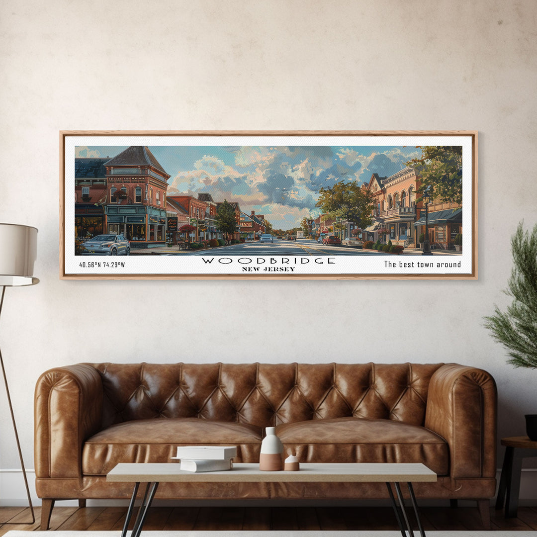 Woodbridge New Jersey Panoramic Framed Canvas Print, Artistic Travel Poster, Retro Wall Art, Unique Office Decor, Living Room Gift, Original Artwork