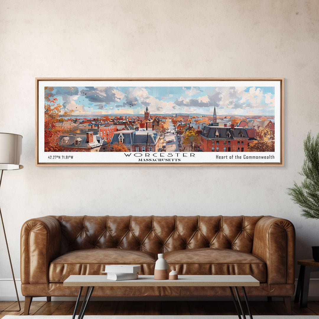 Worcester Massachusetts Panoramic Framed Canvas Print, Vintage Travel Poster, Artistic Wall Art, Unique Living Room Decor, Office Gift, Home Decoration