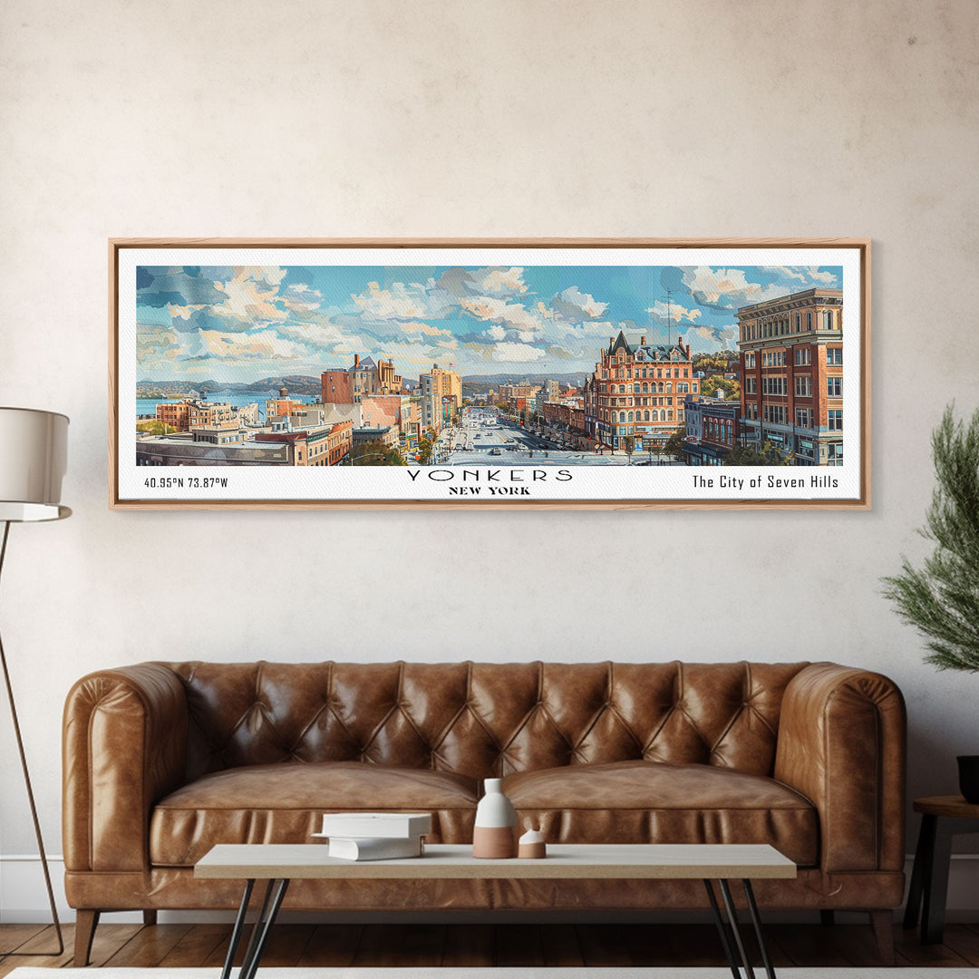 Yonkers New York Panoramic Framed Canvas Print, Retro Style Travel Poster, Artistic Wall Art, Unique Office Decor, Living Room Gift