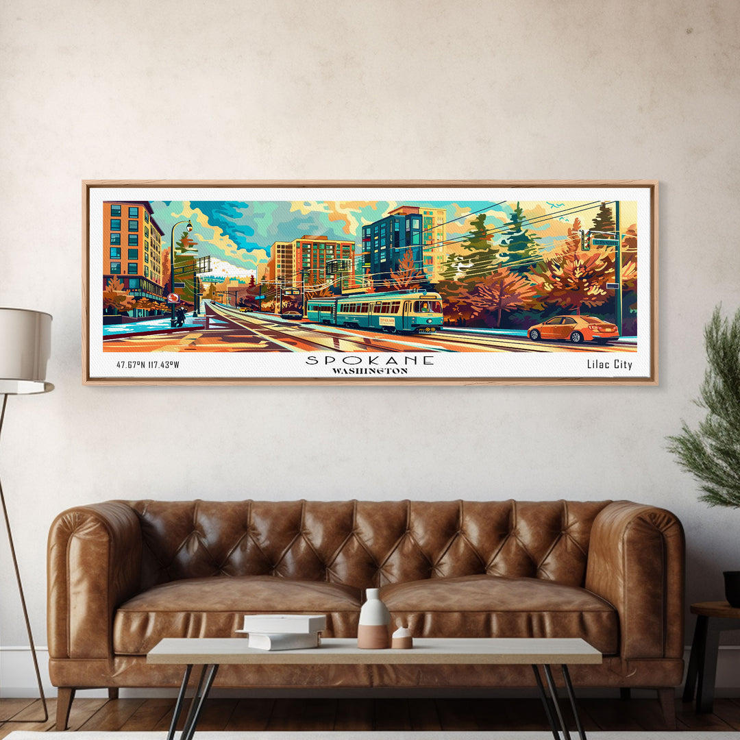 Spokane Washington Panoramic Painting, Mid Century Modern Framed Canvas Print, Retro Pop Art Travel Poster, Wall Decor, Office Art