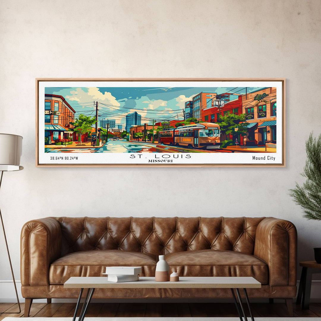 St. Louis Missouri Panoramic Wall Art, Retro Pop Art Framed Canvas Print, Mid Century Modern Travel Poster, Living Room Decor