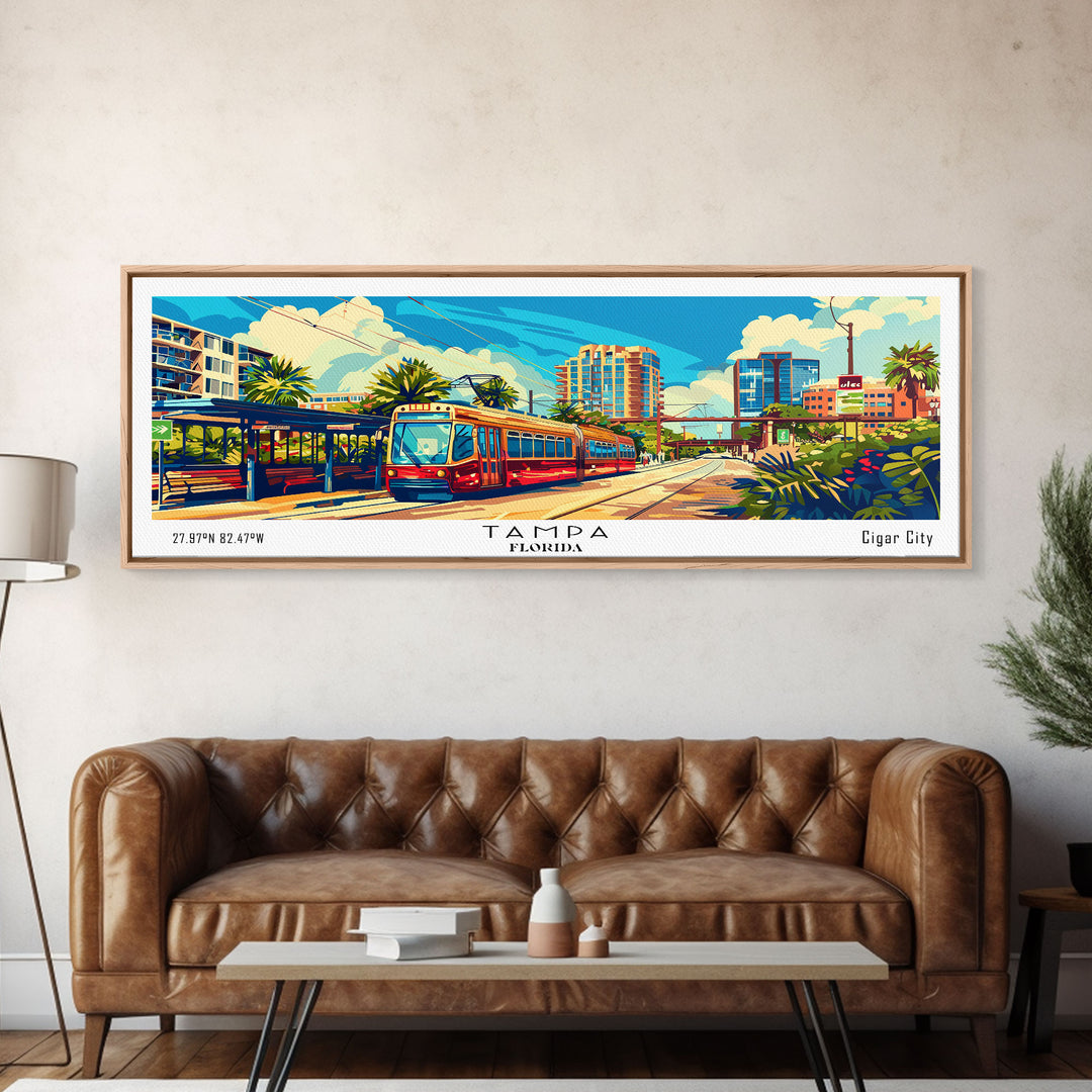 Tampa Florida Panoramic Wall Art, Retro Pop Art Framed Canvas Print, Mid Century Modern Travel Poster, Living Room Decor, Wall Hanging