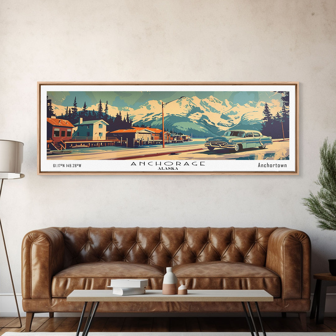 Anchorage Alaska Panoramic Painting, Mid Century Modern Framed Canvas Print, Retro Pop Art Travel Poster, Wall Art, Home Decor, Office Art