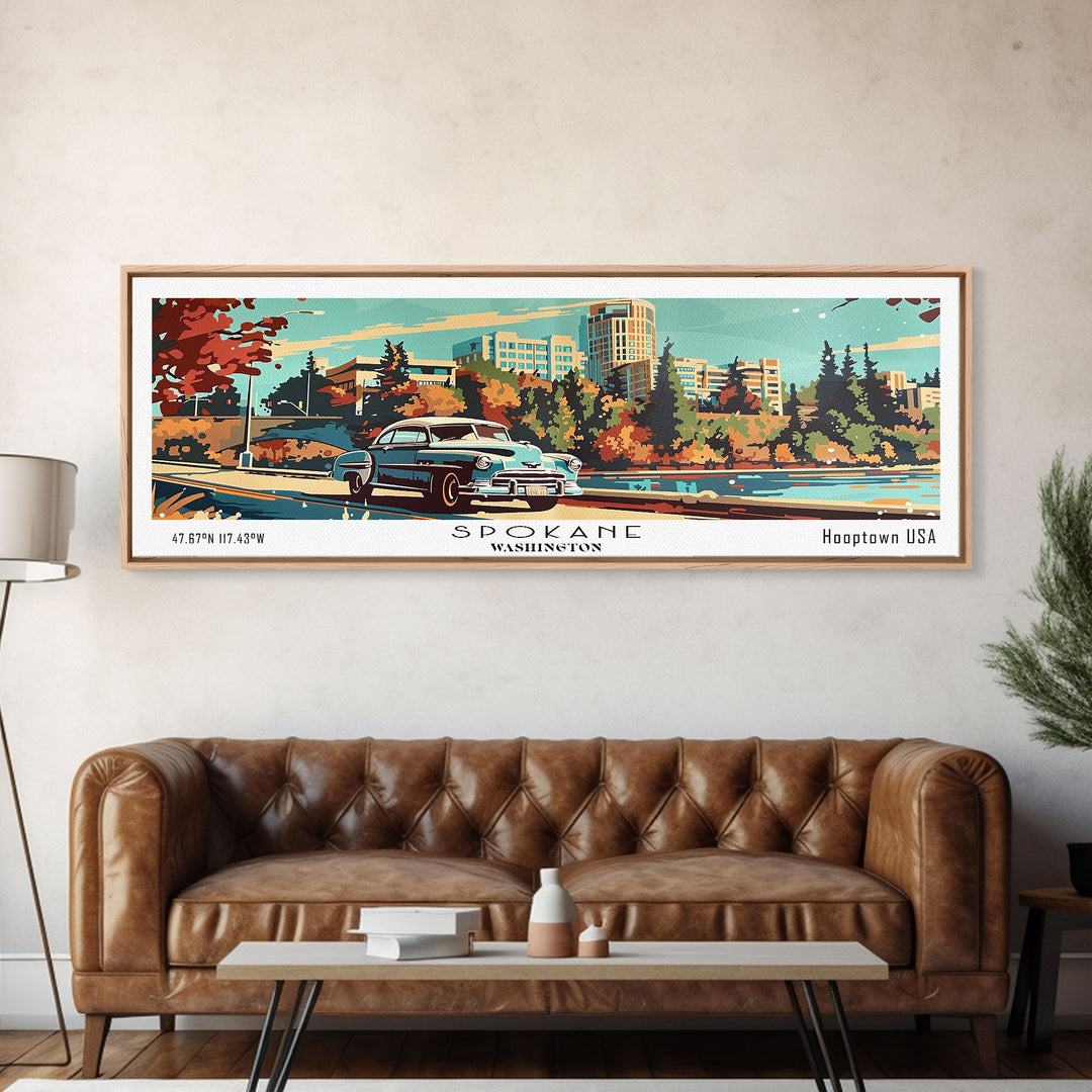 Spokane Washington Panoramic Wall Art, Mid Century Modern Framed Canvas Print, Retro Pop Art Travel Poster, Living Room and Office Decor