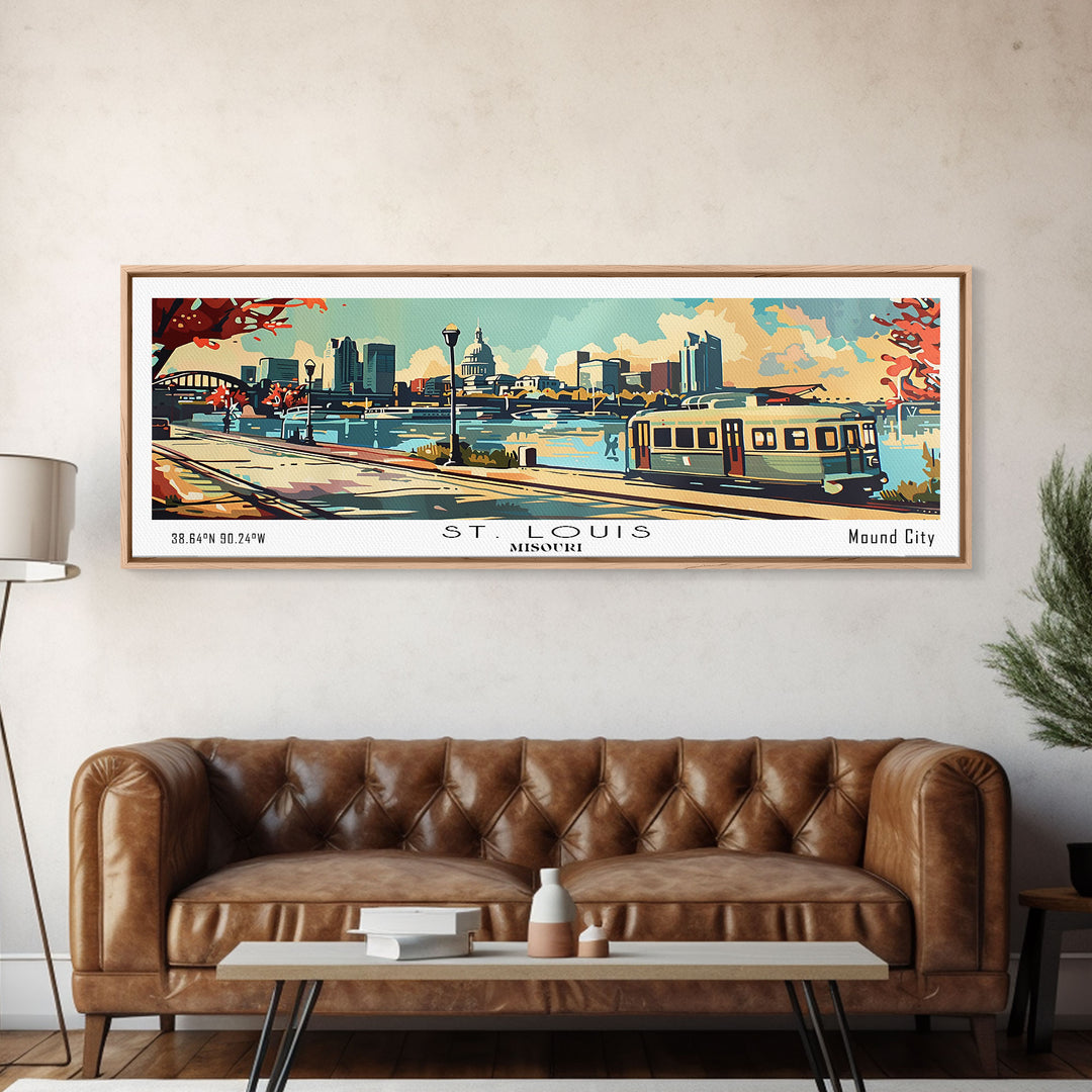 St. Louis Missouri Panoramic Painting, Mid Century Modern Framed Canvas Print, Retro Pop Art Travel Poster, Living Room Wall Art and Office Decor