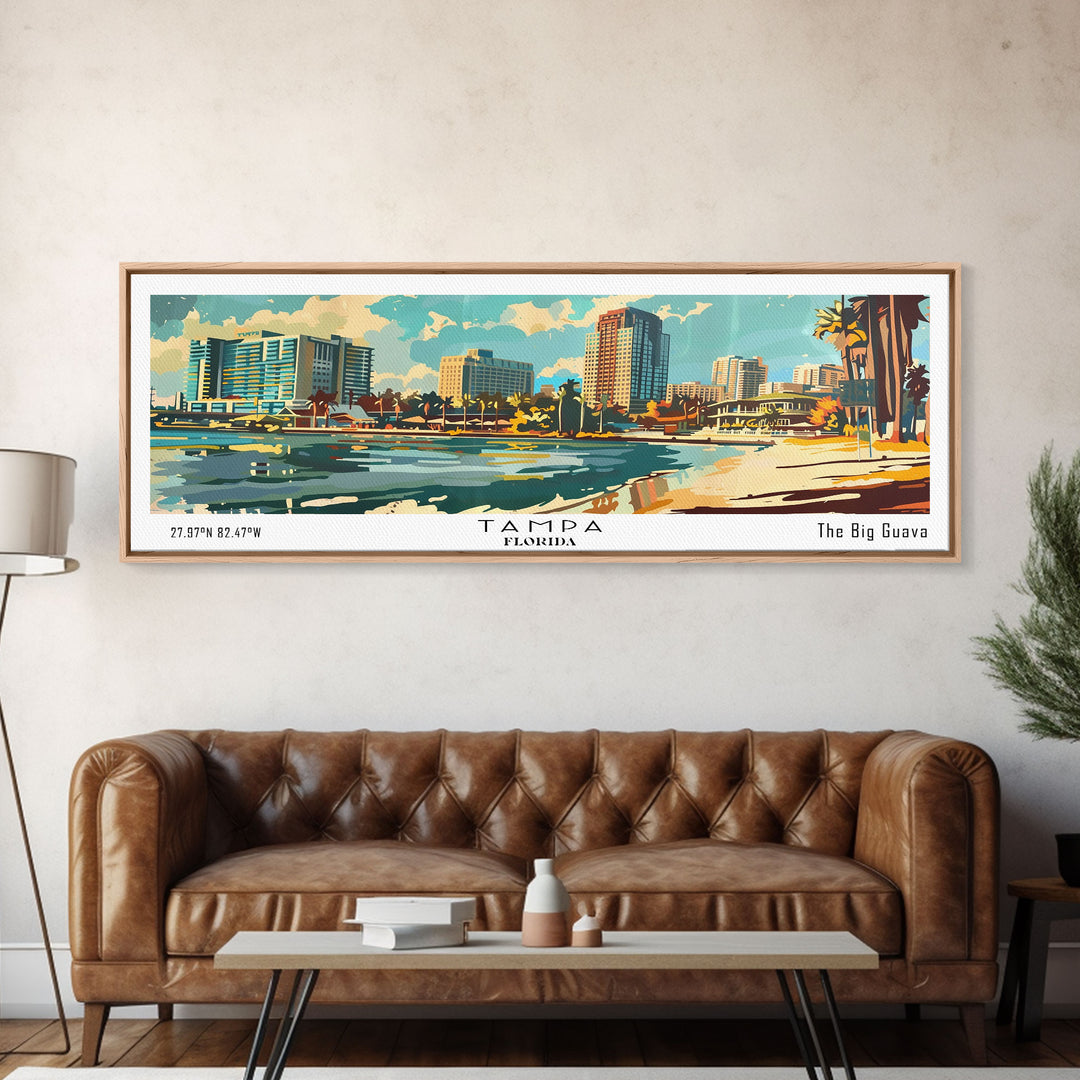 Tampa Florida Panoramic Wall Art, Mid Century Modern Framed Canvas Print, Retro Pop Art Travel Poster, Living Room and Office Wall Art