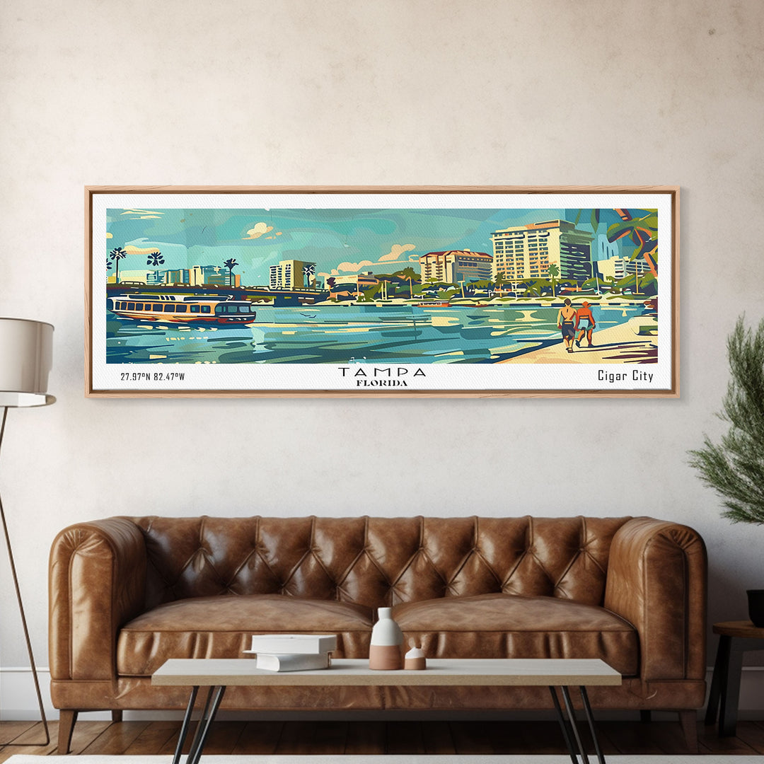 Tampa Florida Panoramic Painting, Mid Century Modern Framed Canvas Print, Retro Pop Art Travel Poster, Living Room and Office Decor