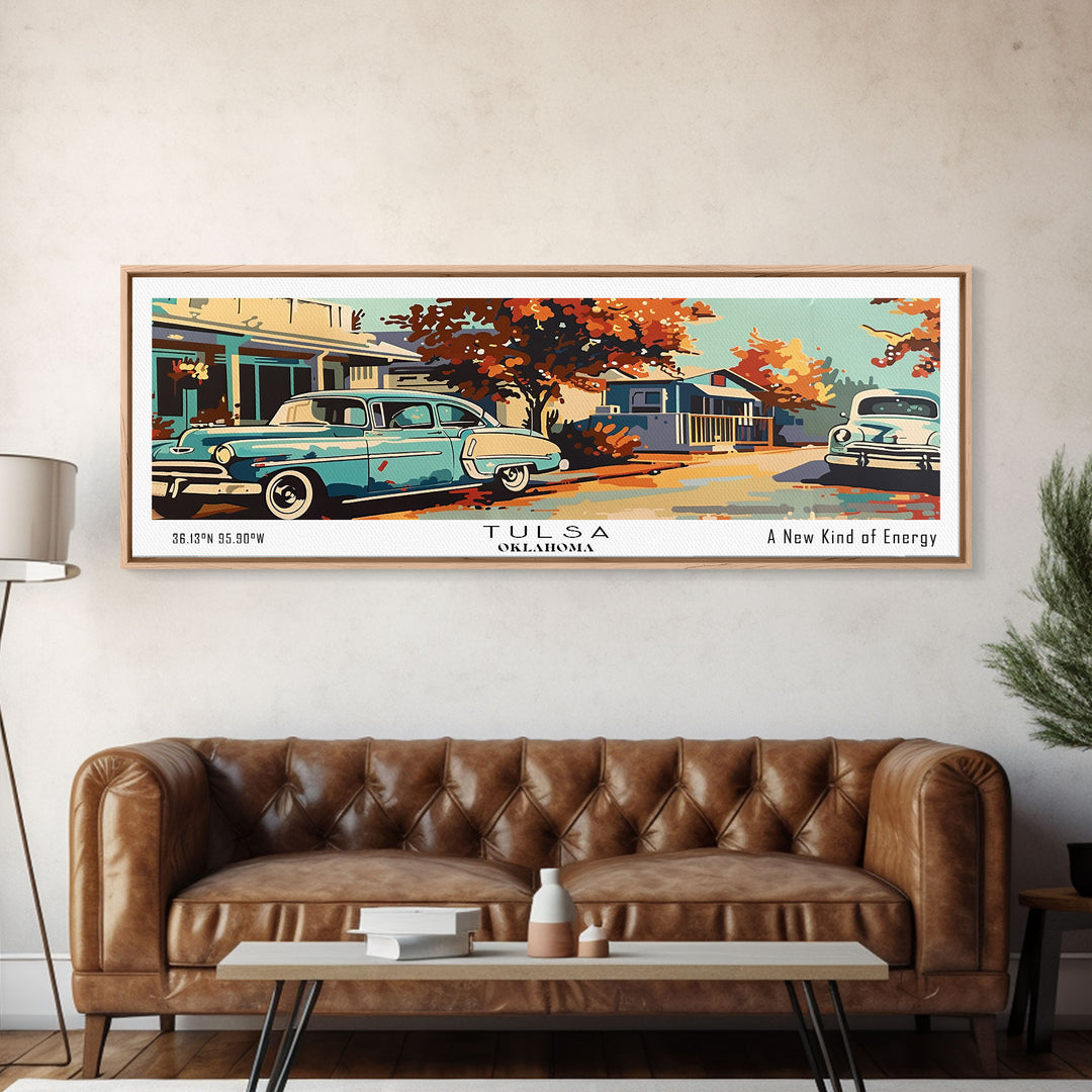 Tulsa Oklahoma Panoramic Painting, Mid Century Modern Framed Canvas Print, Retro Pop Art Travel Poster, Living Room and Office Wall Art Decor