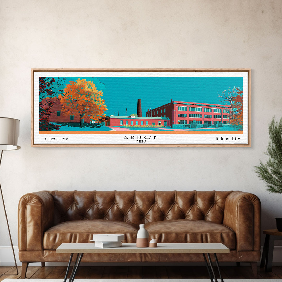 Akron Ohio Panoramic Painting, Mid Century Modern Framed Canvas Print, Retro Pop Art Travel Poster, Living Room Wall Art Decor, City Art