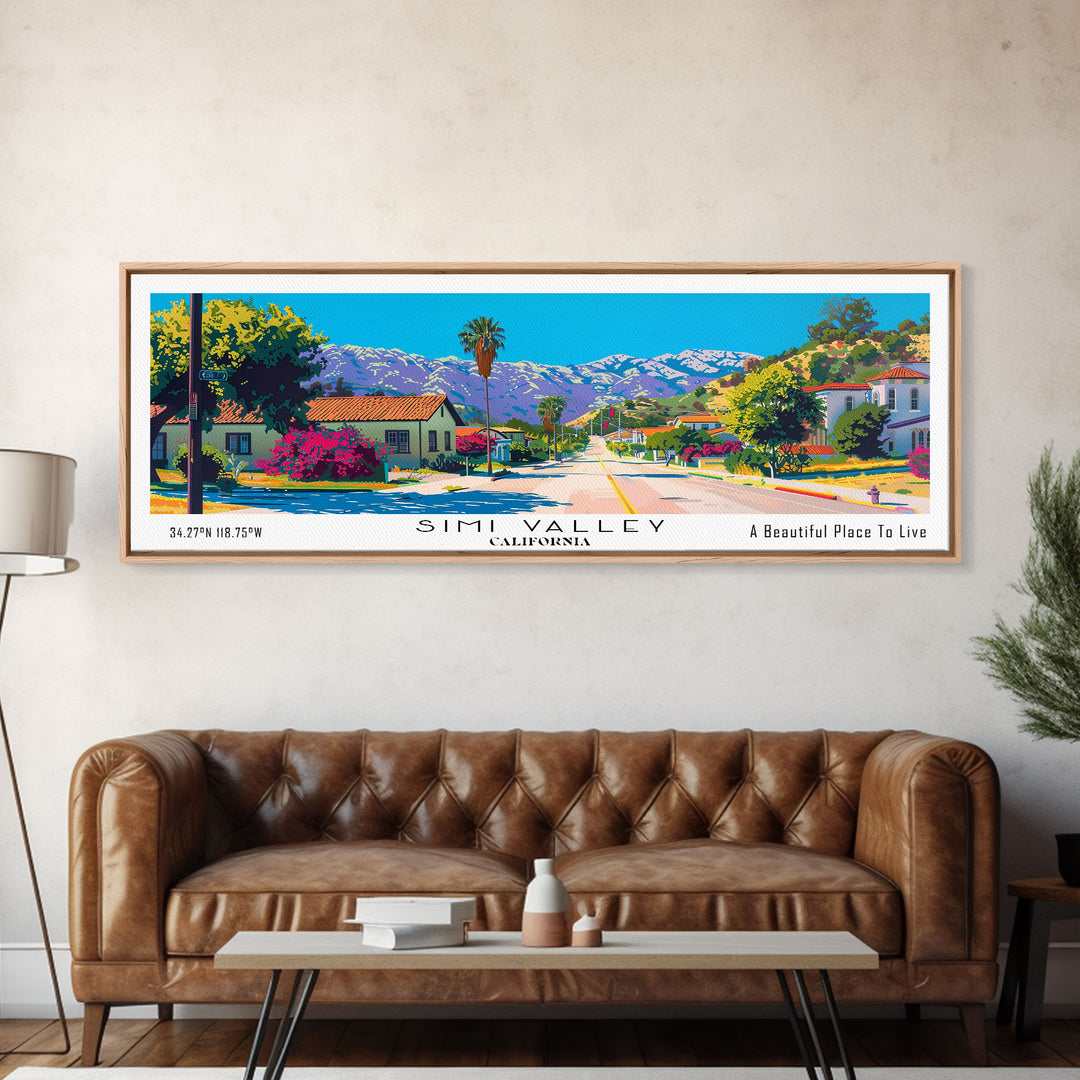 Simi Valley California Panoramic Painting, Mid Century Modern Framed Canvas Print, Retro Pop Art Travel Poster, Living Room Wall Art Decor