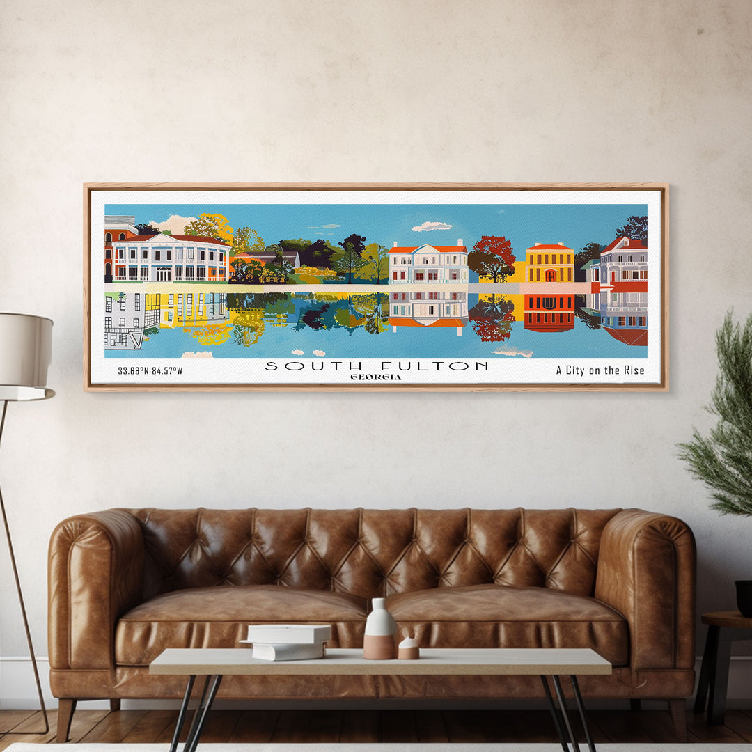 South Fulton Georgia Panoramic Wall Art, Mid Century Modern Framed Canvas Print, Retro Pop Art Travel Poster, Office Wall Decor and Gift Idea