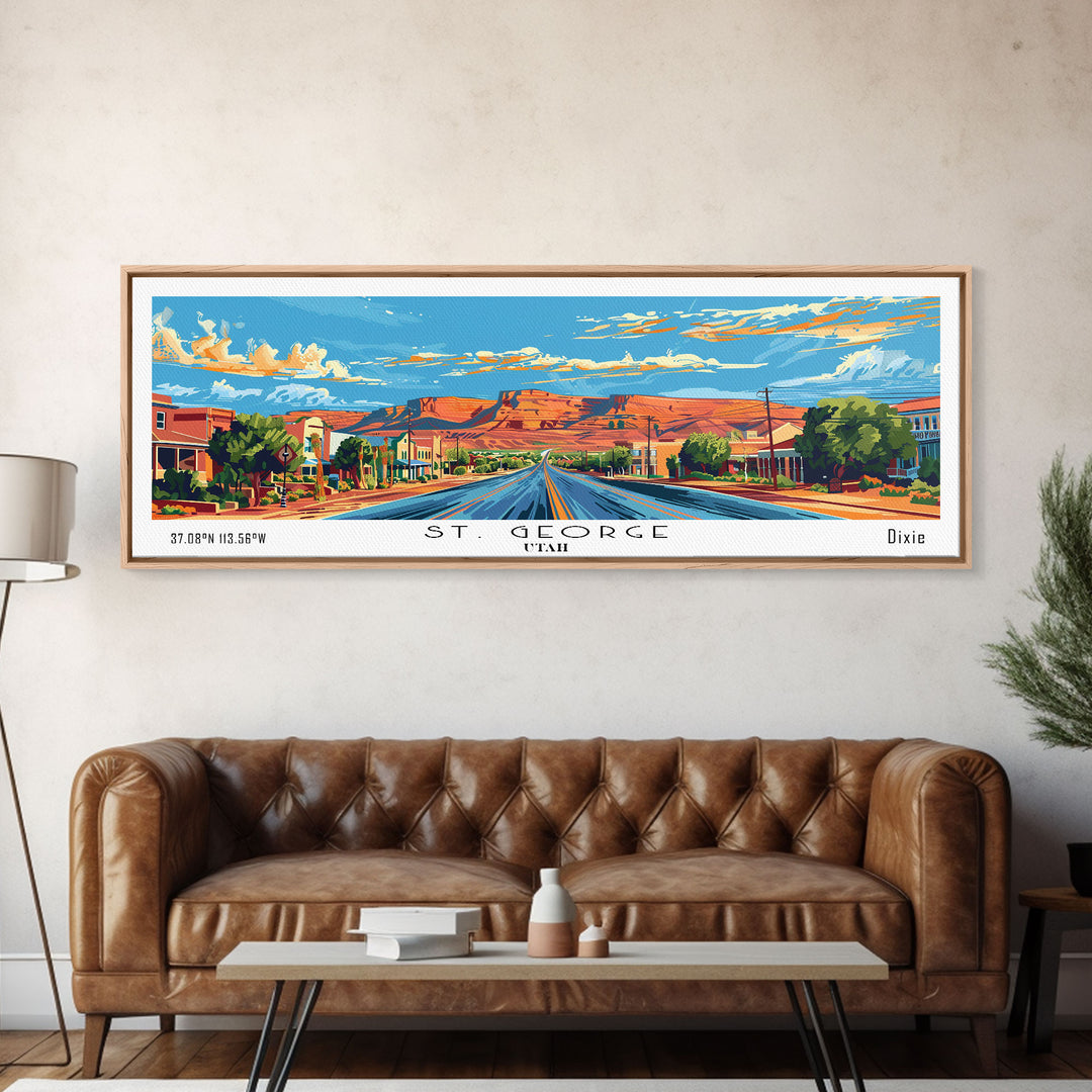 St. George Utah Panoramic Wall Art, Mid Century Modern Framed Canvas Print, Retro Pop Art Travel Poster, Office Wall Decor and Gift Idea