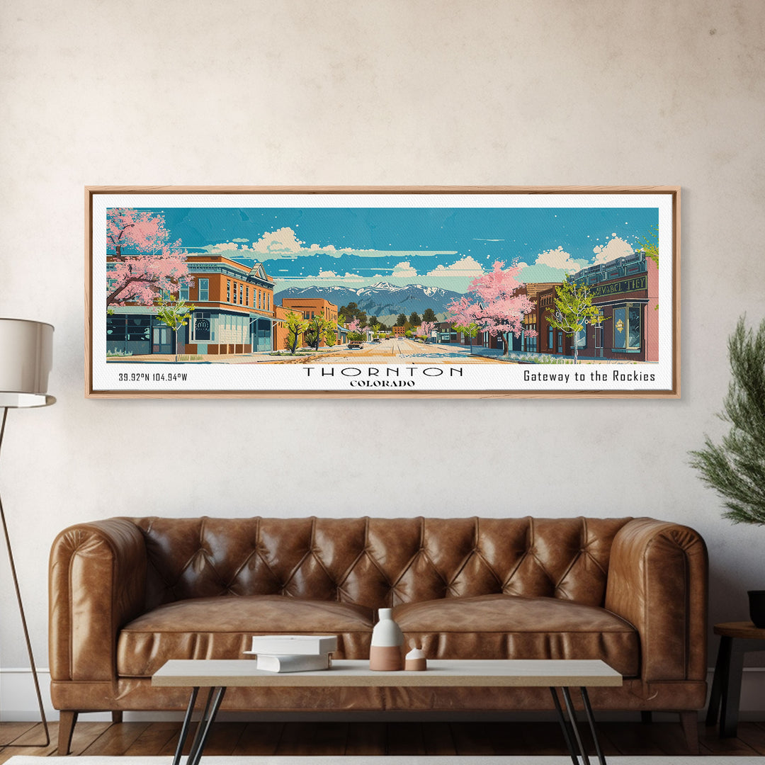 Thornton Colorado Panoramic Painting, Mid Century Modern Framed Canvas Print, Retro Pop Art Travel Poster, Living Room Wall Art Decor