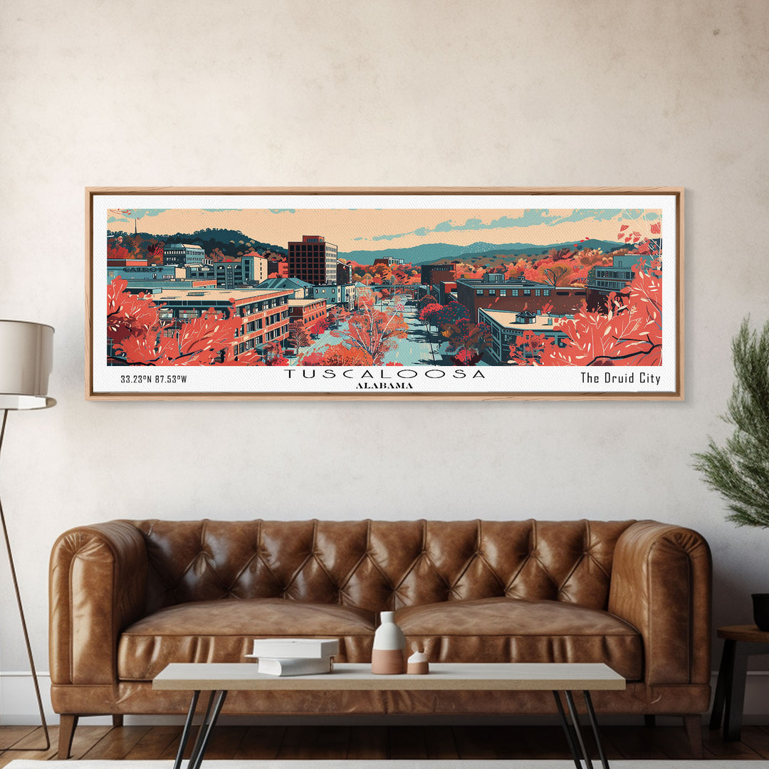 Tuscaloosa Alabama Panoramic Art, Mid Century Modern Framed Canvas Print, Retro Pop Art Travel Poster, Office Wall Art, Home Decoratio