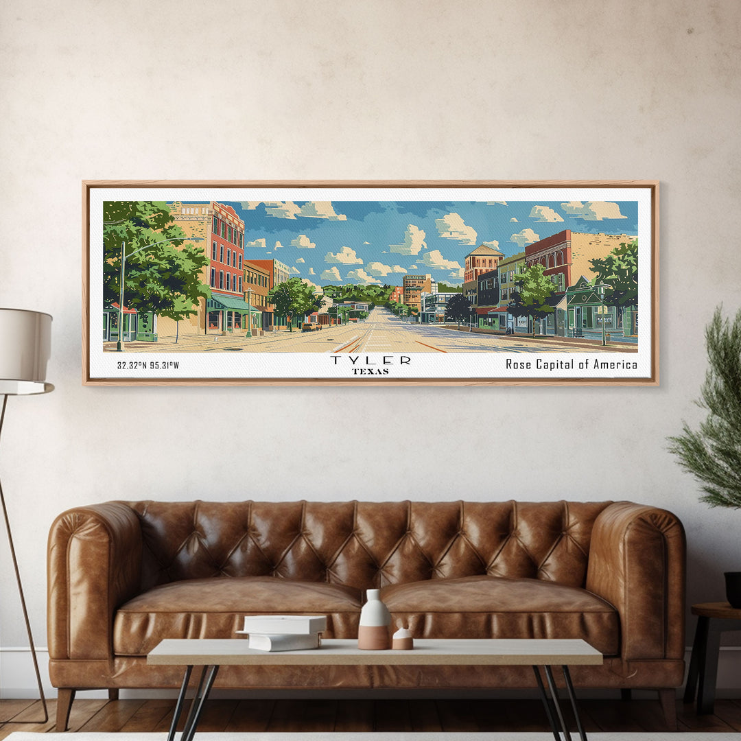 Tyler Texas Panoramic Wall Art, Mid Century Modern Framed Canvas Print, Retro Pop Art Travel Poster, City Print, Living Room Decor