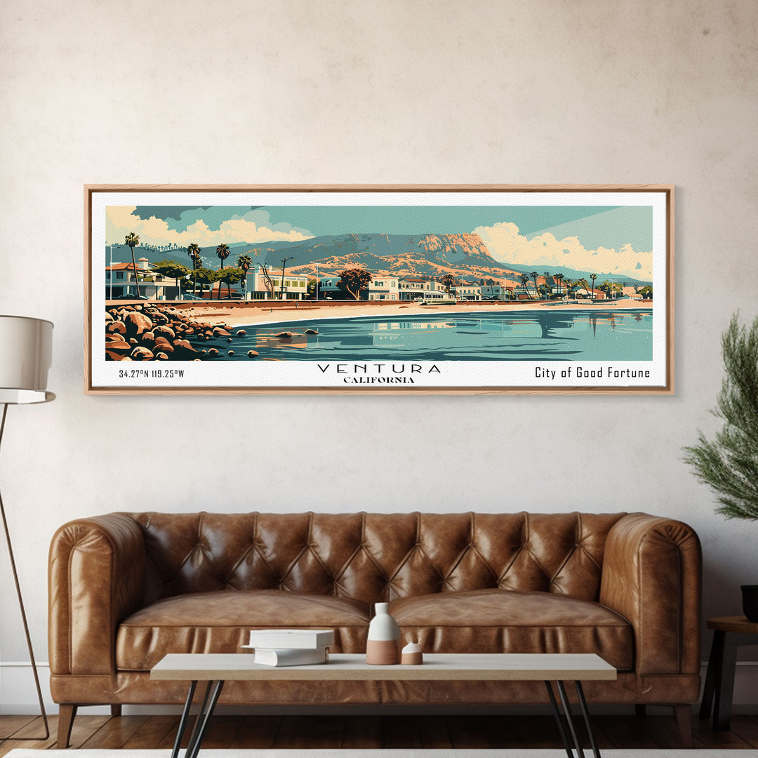 Ventura California Panoramic Wall Art, Mid Century Modern Framed Canvas Print, Retro Pop Art Travel Poster, City Art, Home Decoration